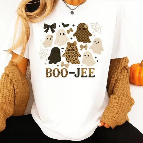Tops - Boo Jee Ghost Shirt, Cute Halloween Ghost Bow Shirt, Spooky Season Shirt